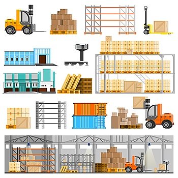  Warehouse Icons Set . Warehouse orthogonal icons set with loader and cargo flat isolated vector illustration 