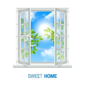 Open Window Sunny Day realistic Icon . Open white window on bright sunny day realistic indoor view icon with green leaves outside vector illustration 