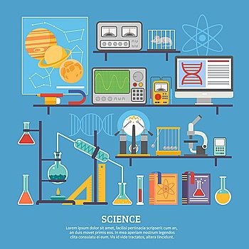 Science Research Laboratory Flat Banner . Biochemistry scientific research laboratory flat poster with microscope chemical reaction tests and control mouse vector illustration 