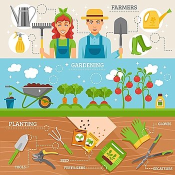 Farmers Gardening 3 Flat Banners Set. Farmers preparing garden for planting 3 flat horizontal banners set with tools and seeds abstract isolated vector illustration