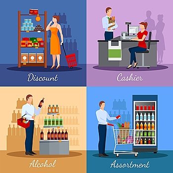 Assortment Of Products In Supermarket . Assortment of products in supermarket with areas discounts and payment isolated vector illustration