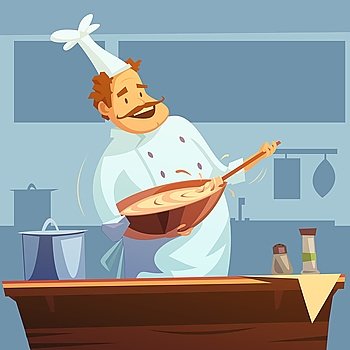 Cooking Workshop Illustration . Cooking workshop with chef mixing ingredients  in a bowl cartoon vector illustration 