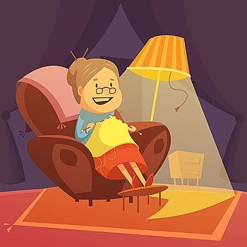Grandmother Knitting Illustration . Grandmother knitting in an armchair background with lamp and carpet cartoon vector illustration 
