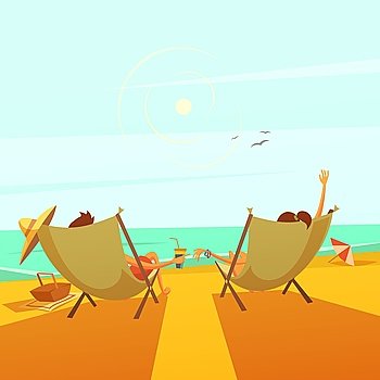 Beach Rest Illustration. Beach rest background with a couple in chaise lounges at sea cartoon vector illustration  