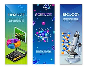 Science vertical banners set. Science vertical banners set with finance statistic design elements for chemical and biological research vector illustration 