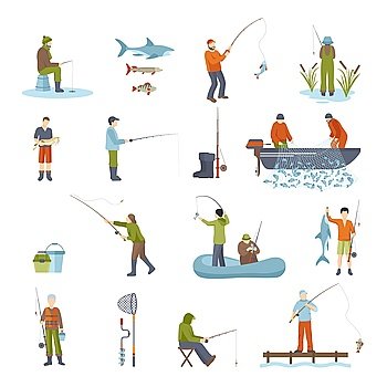Fishing People Fish And Tools Icons Set. Colorful different ways fishing people fish accessory and tools for fishing isolated icons set on white background vector illustration