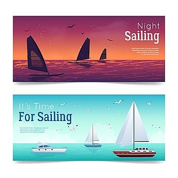 Sailing Banners Set. Sailing horizontal cartoon banners set with yachts and sea isolated vector illustration 