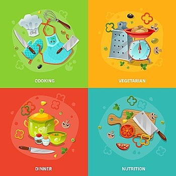 Cooking 2x2 Design Concept. Cooking 2x2 design concept set of chef clothes and tools kitchen utensil with scales  and grater and dining table composition flat vector illustration