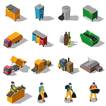 Garbage Recycling Isometric Icons Collection . Garbage recycling and green waste collection services and facilities isometric icons collection abstract isolated shadow vector illustration