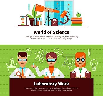 Science And Laboratory Work Banners. Science and laboratory work banners with people and equipment vector illustration