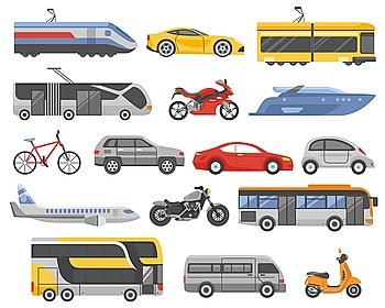 Transport Decorative Flat Icons Set . Transport decorative flat icons set with cars bus metro airplane train tram yacht motorcycle isolated vector illustration 