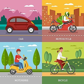 Personal Transport Concept. Personal transport concept with automobile motorbike bicycle with natural landscape motorcycle on city background isolated vector illustration 