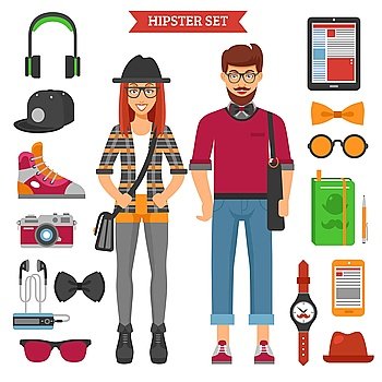 Hipster Couple Decorative Icons Set . Hipster couple decorative icons set with funky woman and man bow hat headphones sneakers isolated vector illustration 