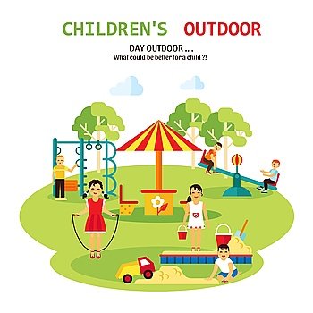 Outdoor Playground Flat Illustration. Color flat illustration with title and tagline of outdoor playground for children with sandbox seesaw and toy vector illustration