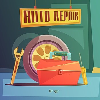 Auto Repair Illustration . Auto repair cartoon background with spare parts and tools vector illustration 