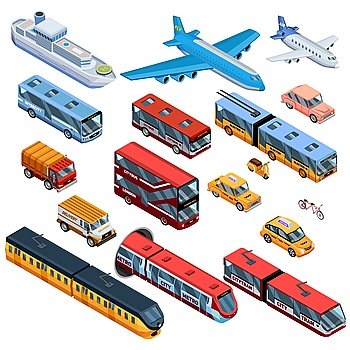 Passenger Transport Isometric Icons. Isometric icons set of air water and land passenger transport with city bus city tram plane and delivery automobile isolated vector illustration 