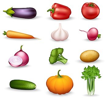 Vegetable Health Food Colorful Icons. Realistic vegetable colorful isolated icons on white background with onion radishes broccoli parsley carrots garlic vector illustration 
