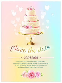 Wedding Card Invitation With Cake Realistic . Wedding announcement invitation card with event date and classical tiered cake and heart symbols realistic vector illustration 