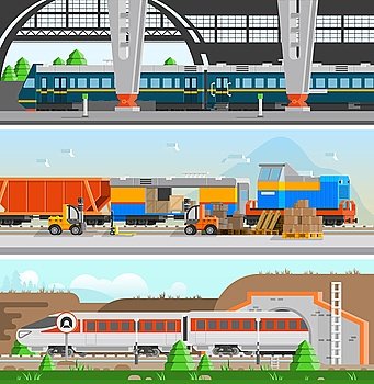 Rail Transport Horizontal Flat Banners. Rail transport horizontal flat banners with high speed passenger train railroad station and loading at railway transport compositions vector illustration  