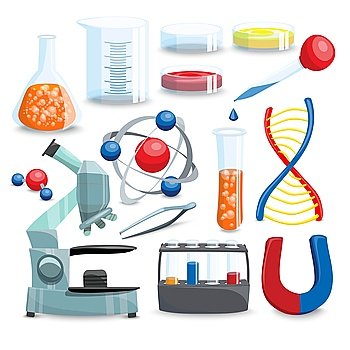 Science Cartoon Set. Science Icons Set. Science Vector Illustration. Science Cartoon Symbols. Chemistry Design Set.Science Isolated Set.