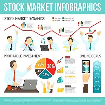 Stock Market Infographics. Stock market infographics with working traders money computer smartphone diagrams graphs statistics dynamics vector illustration