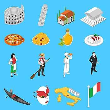 German Culture Traditions Isometric Icons Collection . Italian sightseeing landmarks and national cuisine for tourists with coliseum pizza and spaghetti abstract isolated vector illustration