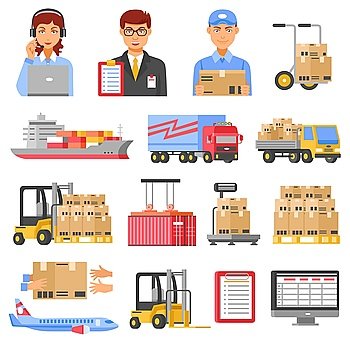Logistics And Delivery Decorative Icons Set. Logistics and delivery decorative icons set of different kinds of transport with airplane truck ship forklift and cargo boxes isolated vector illustration 
