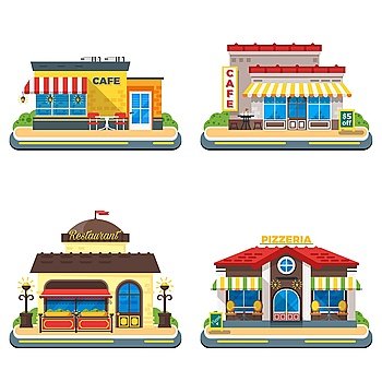 Cafe 2x2 Flat Icons Set. Colorful cafe restaurant and pizzeria buildings on white background 2x2 flat icons set isolated vector illustration