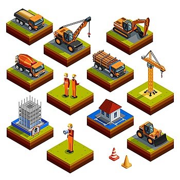 Construction Isometric Isolated Icons. Construction isometric isolated icons with workers in helmets and uniforms building object crane bulldozer  truck concrete mixer and other vehicles isolated vector illustration  
