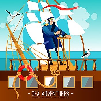 Sea Adventures Cartoon Illustration . Sea Adventures Background. Nautical Adventures Vector Illustration. Tall Ship Captain Design. Sailing Cartoon Decorative Symbols. 