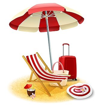 Beach Deck Chair And Umbrella Illustration . Beach deck chair and umbrella with suitcase and cocktail cartoon vector illustration 