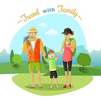 Family Trip Illustration . Family trip with mother father and child in the park cartoon vector illustration 