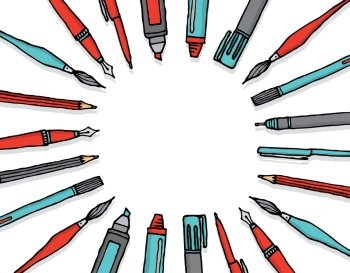 Cartoon illustration of a pen and pencil set