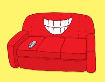 Cartoon illustration of a couch with big grin