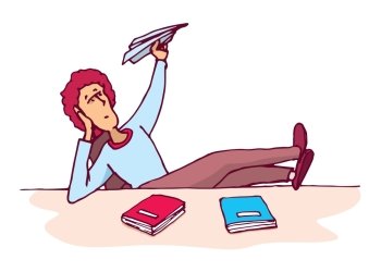 Cartoon illustration of an unmotivated and distracted student throwing a paper plane