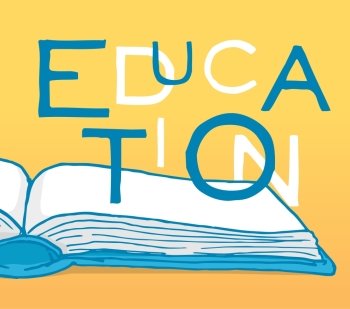 Cartoon illustration of education word over an open book