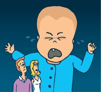 Cartoon illustration of huge crying baby and concerned parents