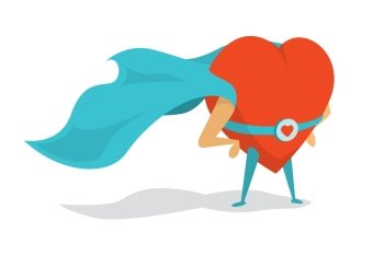 Cartoon illustration of a love super hero heart wearing cape