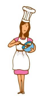 Cartoon illustration of woman chef whipping or mixing dough in a bowl