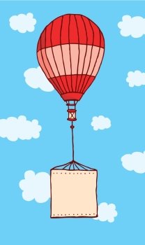 Cartoon illustration of hot air balloon flying with blank sign 
