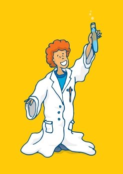 Cartoon illustration of young boy playing with science lab coat and with test tube