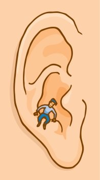 Cartoon illustration of small conscience voice speaking to ear