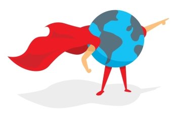 Cartoon illustration of planet earth super hero standing with cape