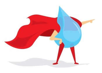Cartoon illustration of brave drop of water super hero