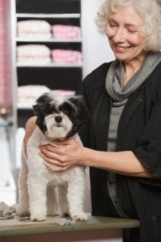 Woman and dog at pet grooming salon