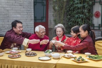 Family with cups raised toasting over a Chinese meal 
