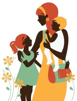 Beautiful mother silhouette with her children. Card of Happy Mother’s Day.