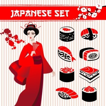 Japanese set: traditional food sushi, geisha and branch of sakura