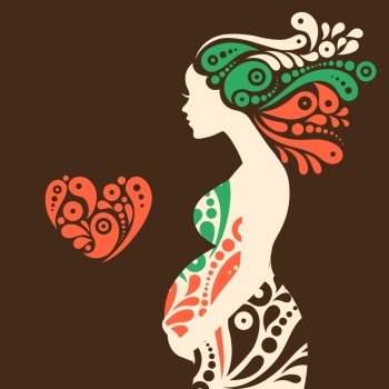 Pregnant woman silhouette with abstract decorative flowers and heart symbol