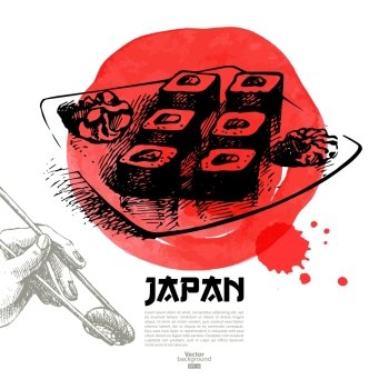 Hand drawn Japanese sushi illustration. Sketch and watercolor menu background